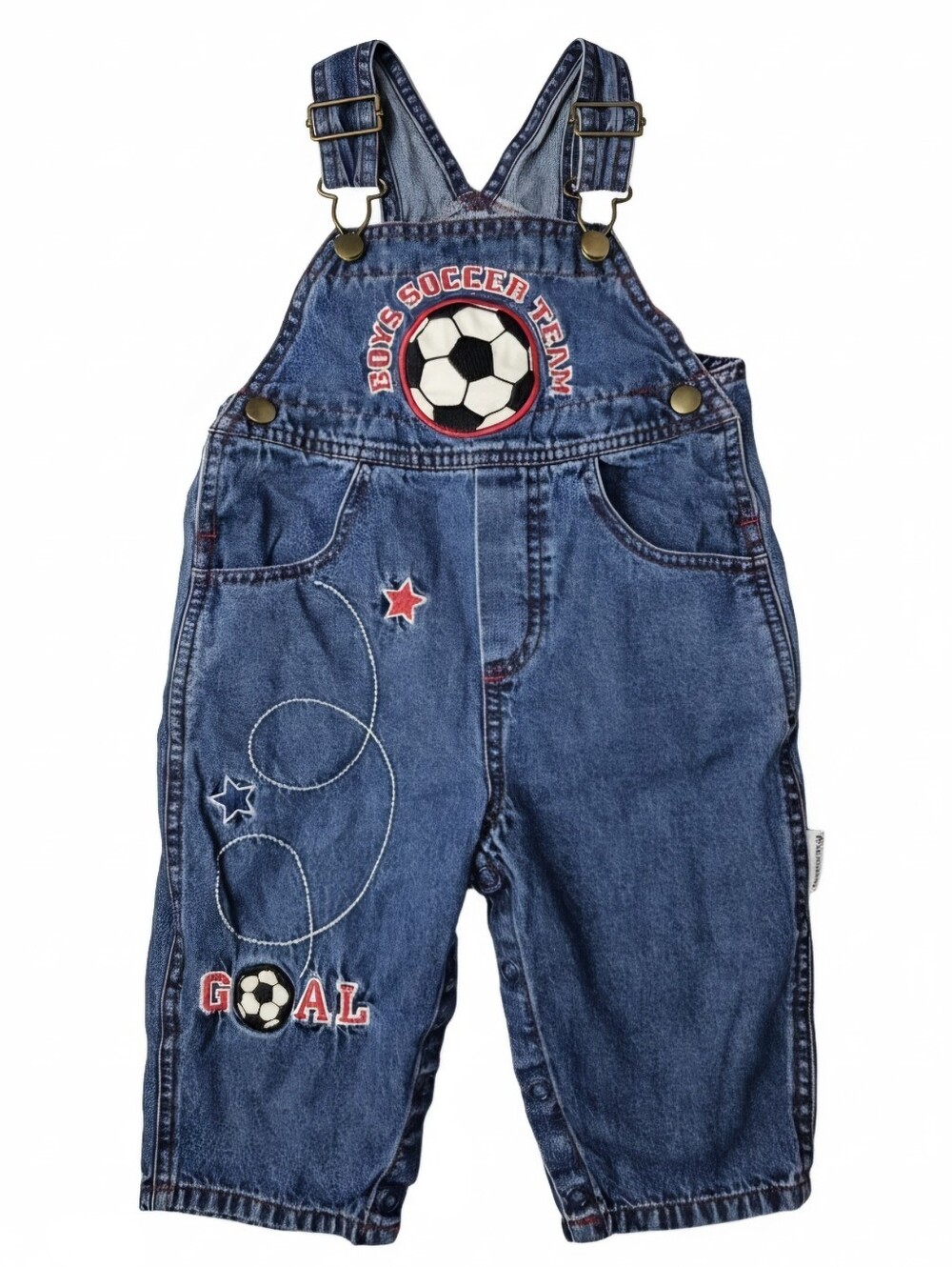 Vintage 90s Vitamins Kids Baby Boy 12M Soccer Team Denim Overalls Blue